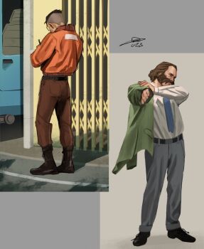 2boys belt black_hair blazer blue_necktie bomber_jacket boots brown_hair buzz_cut collared_shirt commentary disco_elysium dressing english_commentary facial_hair full_body green_jacket harry_du_bois head_tilt highres jacket kim_kitsuragi male_focus multiple_boys mutton_chops necktie nurve26 orange_jacket shirt short_hair standing very_short_hair white_shirt writing