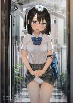 1girl absurdres bag black_hair blue_neckwear blush bow bow_panties bra breasts day doorway hair_ornament hair_scrunchie highres huge_filesize kantoku long_hair medium_breasts non-web_source one_side_up open_mouth original panties pink_eyes plaid_clothes plaid_skirt pov_doorway rain scan school_bag school_uniform scrunchie see-through_clothes shirt shirt_tucked_in shizuku_(kantoku) skirt solo tears translation_request underwear wet wet_clothes wet_hair wet_shirt white_bra white_panties wringing_clothes wringing_skirt