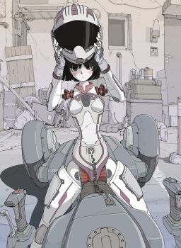 1girl absurdly_detailed_composition android back black_hair blush breasts cable commentary_request complex_exterior controller door door_handle grey_eyes helmet highres holding holding_unworn_helmet humanoid_robot industrial_pipe joints joystick junk looking_at_viewer mechanical_arms motor_vehicle motorcycle motorcycle_helmet on_motorcycle original pale_skin pile putting_on_headwear robot robot_girl robot_joints science_fiction short_hair small_breasts straddling sukabu three-wheeler trash trash_bag unworn_headwear unworn_helmet wheel window