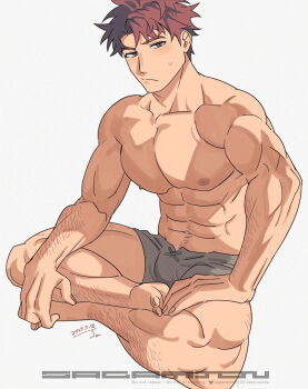 1boy abs arm_hair bara biceps bluesky_username broad_shoulders brown_eyes calves commentary_request dated full_body grey_background grey_male_underwear hand_on_own_thigh highres large_pectorals leg_hair male_focus male_underwear muscular muscular_male nipples original pectorals pubic_hair pubic_hair_peek red_hair sagami_jon simple_background sweatdrop thick_arms thick_thighs thighs underwear watermark