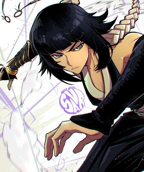 Rule 34 | 1girl, abstract background, armpit peek, armpits, artist logo, artist name, bare shoulders, black dress, black gauntlets, black hair, black kimono, black sleeves, bleach, blunt bangs, braid, collarbone, cowboy shot, detached sleeves, dress, fighting stance, floating hair, frown, gauntlets, gold trim, grey eyes, halter dress, halterneck, highres, japanese clothes, kimono, logo, long hair, looking at viewer, low twin braids, mature female, parted lips, shihakusho, sidelocks, signature, single gauntlet, sleeveless, sleeveless dress, sleeveless kimono, solo, striped background, striped clothes, striped dress, striped kimono, sui-feng, thatdudesaur, twin braids, twitter username, vertical-striped clothes, vertical-striped dress, vertical-striped kimono, waistband, white background