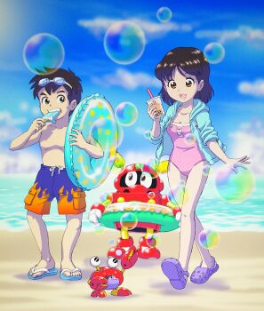 1boy 1girl beach black_eyes black_hair blue_jacket blue_sky brown_eyes bubble bubble_tea commentary_request crab crocs day drawstring drink drinking_straw flame_print food food_in_mouth hand_up hands_up highres holding holding_drink holding_food holding_popsicle holding_swim_ring hood hood_down hooded_jacket horizon humanoid_robot innertube jacket kanik_(robopon) looking_at_another male_swimwear medium_hair mizutani_kenta non-humanoid_robot ocean official_artist_extra one-piece_swimsuit open_clothes open_jacket pink_one-piece_swimsuit polka_dot polka_dot_innertube popsicle popsicle_in_mouth print_male_swimwear robot robot_animal robot_ponkottsu rol_(robopon) sandals short_hair sky soap_bubbles standing sunny_(robopon) swim_ring swim_trunks swimsuit topless_male walking yusuke_(robopon)