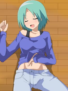 1girl bad_id bad_pixiv_id bindi blush female_focus green_hair hayate_no_gotoku! katsura_yukiji midriff open_mouth saliva short_hair sleeping solo ta_(tama20150125)