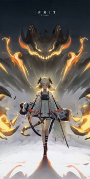 Rule 34 | 1girl, absurdres, arknights, black footwear, blonde hair, choker, cloak, commentary request, fire, flamethrower, gun, highres, holding, holding flamethrower, holding gun, holding weapon, horns, ifrit (arknights), looking at viewer, low twintails, mek, red eyes, short hair, solo, tail, twintails, walking, weapon, white cloak
