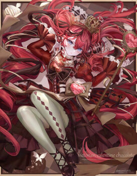 1girl blue_eyes bow commentary_request crown dress food frills highres holding komorihikki long_hair long_sleeves looking_at_viewer lying multicolored_hair on_back original pantyhose red_dress red_hair ribbon scepter sensitive shoes solo twintails very_long_hair