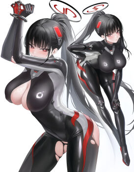 Rule 34 | 1girl, abab xiaxia, arms up, bent over, black bodysuit, black hair, blue archive, blush, bodysuit, bound, bound wrists, breasts, bright pupils, cleavage, closed mouth, commentary request, full body, halo, hand on own hip, heart, heart-shaped pupils, highres, large breasts, long hair, looking at viewer, multiple views, ponytail, red eyes, restrained, rio (blue archive), simple background, symbol-shaped pupils, thighs, torn bodysuit, torn clothes, very long hair, white background, white pupils