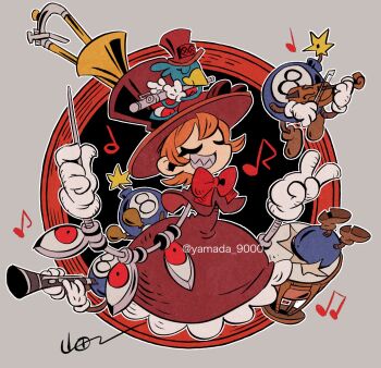 1girl avery_(skullgirls) bomb bow bowtie clarinet closed_eyes conductor_baton cyborg dress drum explosive flute frilled_dress frills fuse george_the_bomb gloves grey_background grin hat holding holding_instrument instrument lit_fuse music musical_note orange_hair peacock_(skullgirls) playing_instrument sharp_teeth shoes short_hair skullgirls smile solo teeth top_hat trombone violin yamada9000