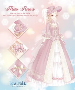 Rule 34 | 1girl, artist request, back bow, blonde hair, bow, bow button, bow choker, bowtie, brown eyes, center frills, character name, choker, close-up, closed mouth, colorful background, copyright logo, dot nose, dress, drill hair, english text, eyelashes, flower, frilled choker, frilled dress, frilled gloves, frilled sleeves, frills, full body, gloves, gown, grey bow, hair over shoulder, happy, hat, hat feather, hat flower, large bow, light blush, light particles, logo, long dress, long hair, long sleeves, looking at viewer, miracle nikki, miss anna (miracle nikki), nikki (series), official art, pink bow, pink bowtie, pink dress, pink flower, pink gloves, pink hat, pink rose, rose, second-party source, side ponytail, sleeve bow, smile, snowflakes, solo, standing, swept bangs, tareme, three-quarter sleeves, victorian, white choker, wrist bow, yellow bow