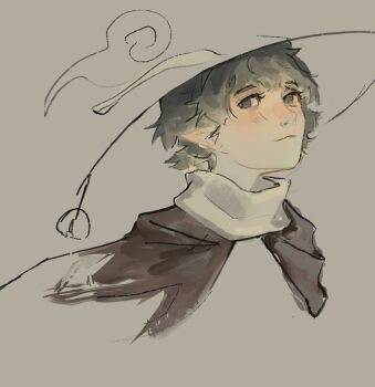 Rule 34 | 1other, ajirogasa, androgynous, aqua hair, capelet, closed mouth, cropped torso, grey background, grey eyes, hat, hat bell, hatsburg, kesa kujiru, len'en, light blush, light smile, looking at viewer, nostrils, other focus, partially colored, pointy ears, purple capelet, realistic, scarf, short hair, simple background, solo, unfinished, white scarf