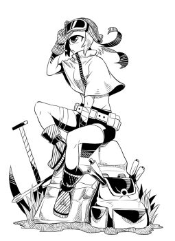 backpack bag belt boots cyclops gloves greyscale hat hatching midriff monochrome on_rock one-eyed original pickaxe short_shorts shorts sitting solo unworn_backpack unworn_bag white_background yakochu
