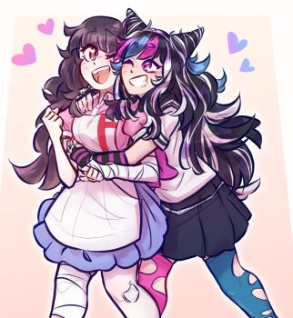 Rule 34 | 2girls, apron, bandaged arm, bandaged hand, bandaged leg, bandages, bandaid, bandaid on knee, bandaid on leg, black hair, black sailor collar, black skirt, blue hair, blue skirt, blue streaks, blush, collared shirt, commentary, cosmiccolours, danganronpa (series), danganronpa 2: goodbye despair, elbow gloves, english commentary, eyelashes, face piercing, fingerless gloves, gloves, grin, hair horns, hand on another's shoulder, heart, highres, hug, hug from behind, jewelry, long hair, mioda ibuki, mismatched thighhighs, mouth piercing, multicolored hair, multiple girls, multiple rings, neckerchief, one eye closed, piercing, pink eyes, pink hair, pink neckerchief, pink shirt, pink streaks, purple hair, ring, sailor collar, shirt, skirt, smile, streaked hair, striped clothes, striped gloves, teeth, thighhighs, torn clothes, torn thighhighs, tsumiki mikan, upper teeth only, white apron, white hair, white shirt, yuri