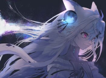 1girl animal_ears aquwa backlighting black_eyes blue_hair blue_shirt braid braided_bangs cat_ears closed_mouth commentary english_commentary fang floating_hair hair_ornament heterochromia highres indie_virtual_youtuber long_hair looking_ahead looking_to_the_side nebula pink_eyes shirt signature skin_fang solo space sphere_hair_ornament tanziya_(codlxcold) tentacle_hair turtleneck virtual_youtuber white_hair