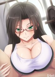 1boy 1girl ahoge antenna_hair assertive_female blush breasts brown_hair cleavage collarbone facing_viewer glasses green_eyes gym hair_intakes hasegawa_chisato indoors large_breasts long_hair looking_at_viewer mature_female minaisu mole mole_under_eye seductive_gaze seductive_smile shinmai_maou_no_testament smile sportswear very_long_hair window