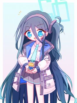 1girl :d absurdly_long_hair absurdres aqua_background aqua_halo aqua_necktie aris_(blue_archive) black_skirt blue_archive blue_eyes blue_hair blue_jacket blush border collared_shirt commentary gradient_background hairband halo highres holding jacket kei_(robot)_(blue_archive) long_hair long_sleeves looking_at_viewer multicolored_jacket necktie notice_lines one_side_up onrataon open_clothes open_jacket open_mouth outside_border own_hands_together pink_background pleated_skirt puffy_long_sleeves puffy_sleeves rectangular_halo school_uniform shirt shirt_tucked_in skirt smile solo standing tie_clip two-sided_fabric two-sided_jacket two-tone_background very_long_hair white_border white_jacket white_shirt