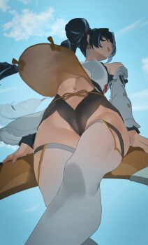 1girl absurdres aragiken black_hair black_panties blue_sky braid breasts china_dress chinese_clothes commentary detached_sleeves dialyn_(zenless_zone_zero) dress earrings extended_upskirt highres jewelry leaning_on_object linea_alba medium_breasts multicolored_hair navel open_mouth panties see-through_clothes sky solo streaked_hair thighhighs thighs twin_braids two-tone_hair underwear upskirt white_hair white_thighhighs zenless_zone_zero