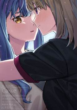 Rule 34 | 2girls, bang dream!, bang dream! it's mygo!!!!!, black shirt, blonde hair, blue eyes, blue hair, closed mouth, commentary, dated, long hair, medium hair, misumi uika, multiple girls, open mouth, paperca-ke, shirt, togawa sakiko, upper body, watermark, wet, yellow eyes, yuri
