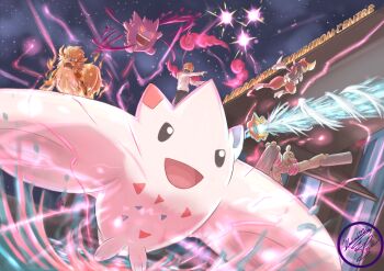 :d absurdres arcanine bisharp black_pants blue_eyes commission conkeldurr dated dynamax fangs fire gen_1_pokemon gen_4_pokemon gen_5_pokemon gengar highres holding hood hood_down hoodie hydro_pump_(pokemon) mask midair mochachiiino mouth_mask night nintendo open_mouth orange_hair pants pokemon pokemon_move red_clouds riding riding_pokemon rotom rotom_(wash) short_hair signature sky smile star_(sky) teeth togekiss water white_hoodie wind