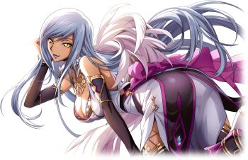 1girl black_gloves boots breasts closed_mouth code_geass code_geass:_lost_stories dark-skinned_female dark_skin dress elbow_gloves f4samurai floating_hair game_cg gloves grey_hair highres large_breasts long_hair looking_at_viewer looking_back official_art smile solo thigh_boots thighhighs villetta_nu yellow_eyes