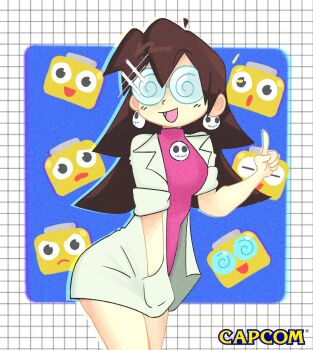 1girl andrewcockroach brooch brown_hair capcom coke-bottle_glasses copyright_name earrings glasses grid hand_in_pocket hand_up highres index_finger_raised jewelry lab_coat long_hair looking_at_viewer mega_man_(series) mega_man_legends_(series) open_mouth pink_shirt servbot_(mega_man) shirt skull_brooch skull_earrings smile solo sparkle tron_bonne_(mega_man) turtleneck turtleneck_shirt