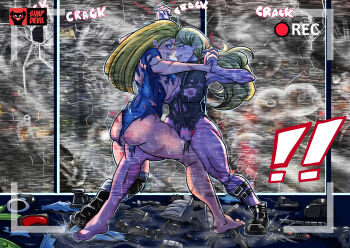 2girls absurdres alternate_costume alternate_hairstyle artist_name ass belt belt_pouch black_gloves blonde_hair blue_eyes blue_leotard boots breast_press breasts cammy_white camouflage city crack cracked_glass english_text eyebrows eyelashes fighting gloves goggles grey_leotard grey_vest gun handgun highres holding_hands holster kolin large_breasts leotard lips long_hair looking_at_another multiple_girls muscular muscular_female nipples parted_lips pistol pouch pussy pussy_juice recording red-tinted_eyewear simp_devil skin_tight smile sound_effects static street_fighter street_fighter_v sweat teeth thick_thighs thigh_holster thighs tinted_eyewear torn_clothes unzipped vest weapon wide_hips window