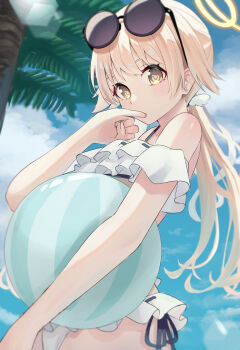 1girl absurdres ball bare_shoulders beachball bikini blonde_hair blue_archive blue_ribbon blue_sky blurry blurry_background cloud commentary depth_of_field dutch_angle eyewear_on_head finger_to_mouth frilled_bikini frills from_behind hair_ornament halo hand_up hifumi_(blue_archive) hifumi_(swimsuit)_(blue_archive) highres holding holding_ball holding_beachball hugging_object lens_flare light_blush long_hair looking_at_viewer looking_down low_twintails outdoors palm_tree pension_z ribbon ribbon-trimmed_bikini ribbon_trim round_eyewear ruffle_bikini sky solo sunglasses swimsuit tree twintails upper_body white_bikini wing_hair_ornament yellow_eyes yellow_halo