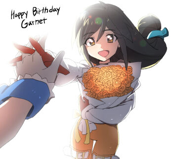 black_hair blue_wrist_cuffs bodysuit bouquet brown_eyes character_name commentary couple cowboy_shot dede_(qwea_00000) final_fantasy final_fantasy_ix flower garnet_til_alexandros_xvii gloves grey_gloves hair_between_eyes hair_ornament hairclip happy_birthday hetero holding holding_bouquet holding_hands interlocked_fingers long_hair looking_at_viewer low-tied_long_hair open_mouth orange_bodysuit red_gloves rose shirt smile symbol-only_commentary thigh_strap white_background white_shirt wrist_cuffs zidane_tribal