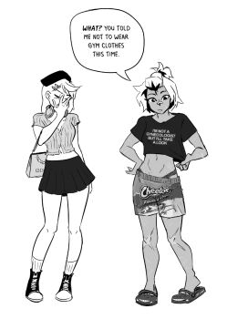 2girls bag balmain beck_(spicymancer) blouse cars_(movie) cheetos converse crocs crop_top english_text facepalm handbag hat headphones headphones_around_neck highres meme multiple_girls shirt shorts skirt spicymancer thong white_background yuri