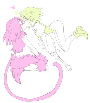 blonde_hair blush body_fur boots closed_eyes commentary dede_(qwea_00000) final_fantasy final_fantasy_ix floating garnet_til_alexandros_xvii heart high_heel_boots high_heels kiss leotard looking_at_another monkey_tail official_alternate_costume pink_fur pink_hair short_hair simple_background symbol-only_commentary tail trance_garnet_til_alexandros_xvii trance_zidane_tribal zidane_tribal
