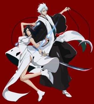 Rule 34 | 1boy, 1girl, almightybuttcheeks, alternate hairstyle, alternate universe, arrow (projectile), asymmetrical dual wielding, black hair, black hakama, bleach, bleach: epilogue, boots, bow (weapon), breasts, chain, commentary, dress, dual wielding, english commentary, green eyes, grey eyes, grey hair, hair down, hakama, haori, height difference, highres, hitsugaya toushirou, hitsugaya toushirou (adult), holding, holding arrow, holding bow (weapon), holding chain, holding sword, holding weapon, japanese clothes, kurosaki karin, long dress, medium breasts, quincy (bleach), red background, sandals, shihakusho, side slit, sleeveless, sleeveless dress, socks, sword, taichou haori, weapon, white boots, white dress, white socks, zanpakutou