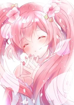 1girl arm_tattoo blush closed_eyes closed_mouth commentary_request fingernails flower hair_between_eyes hair_flower hair_ornament hatsune_miku highres hoshizora_megu long_hair miku_day nail_polish number_tattoo pink_flower pink_hair pink_nails pink_sleeves sakura_miku shirt sleeveless sleeveless_shirt smile solo tattoo twintails very_long_hair vocaloid white_shirt