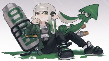 1girl :t alt_text belt belt_buckle black_footwear black_pants blunt_bangs buckle closed_mouth commission earclip film_grain full_body gradient_hair green_eyes green_hair green_jacket grey_belt hand_on_own_cheek hand_on_own_face highres hydra_splatling_(splatoon) inkling inkling_(swim_form) inkling_girl inkling_player_character jacket long_hair long_sleeves multicolored_hair nintendo open_clothes open_jacket pants pointy_ears prat_rat shirt sitting solo splatoon_(series) splatoon_3 squid suction_cups tentacle_hair two-tone_hair watermark white_hair white_shirt
