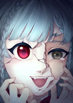 Rule 34 | 1girl, blunt bangs, braid, broken mask, brown eyes, commentary, cracked kawaii mask, cracked mask, english commentary, hand up, highres, klaukezia, mask, portrait, reverse:1999, rubuska, solo, tearing up, vignetting, white hair