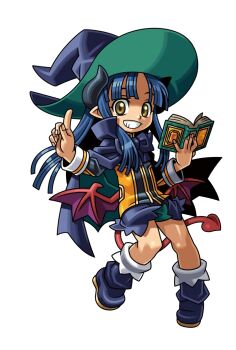 Rule 34 | 1girl, black horns, black shirt, blue boots, blue cloak, blue hair, blue shorts, book, boots, brown eyes, clenched teeth, cloak, demon girl, demon tail, demon wings, gold trim, harakawa mitsuhiro, hat, holding, holding book, horns, long hair, low wings, multicolored shirt, official art, open book, orange shirt, pointing, pointing up, pointy ears, red tail, red wings, ruruie (shinrabanshou), shinrabanshou, shirt, shorts, smile, solo, tail, teeth, third-party source, transparent background, wings, witch hat