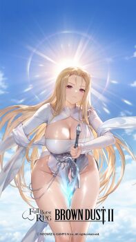 1girl artist_request between_legs blonde_hair breasts brown_dust_(series) brown_dust_2 cleavage closed_mouth cloud copyright_name copyright_notice dress highres holding holding_sword holding_weapon long_hair official_art olivier_(brown_dust) pink_eyes shrug_(clothing) sky solo sun sword weapon white_dress white_shrug