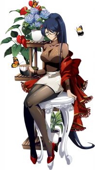 1girl anthurium black_pantyhose blue_eyes blue_flower blue_hair breasts brown_sweater bug butterfly closed_mouth cup curtained_hair flower flower_pot frilled_shawl frills full_body game_cg glass high_heels high_ponytail holding holding_cup insect jessica_(langrisser) langrisser langrisser_mobile large_breasts long_hair looking_at_viewer looking_over_eyewear official_alternate_costume official_art pantyhose pedestal pencil_skirt plant ponytail potted_plant pumps red-framed_eyewear red_flower red_shawl red_shoes semi-rimless_eyewear shawl shirt shoes side_slit simple_background sitting skirt smile solo sweater tachi-e teacup third-party_source transparent_background under-rim_eyewear white_shirt