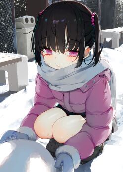 1girl bare_legs_girl_(kamizaki_hibana) black_hair blush breath coat commentary_request kamizaki_hibana looking_at_viewer mittens original outdoors purple_eyes scarf smile snow solo squatting winter