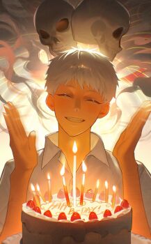 1boy birthday birthday_cake cake candle clapping closed_eyes closed_mouth collared_shirt facing_viewer food grin happy_birthday highres hikaru_ga_shinda_natsu indou_hikaru kunmang male_focus shirt short_eyebrows short_hair short_sleeves skull smile solo teeth white_hair white_shirt