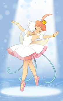 1girl ahiru_(princess_tutu) ahoge ballerina ballet_slippers blue_background closed_eyes commentary crown dress english_commentary full_body highres huge_ahoge minettefraise mini_crown multicolored_hair orange_hair parted_lips pink_shoes princess_tutu princess_tutu_(character) shoes short_hair solo tutu two-tone_hair white_dress white_hair