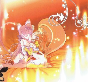 2girls animal_ears arisugawa_himari blush bottomless breasts choco_(chocolate_shop) cure_custard cure_macaron fingering french_kiss kirakira_precure_a_la_mode kiss kotozume_yukari loli multiple_girls nipples precure small_breasts tail yuri