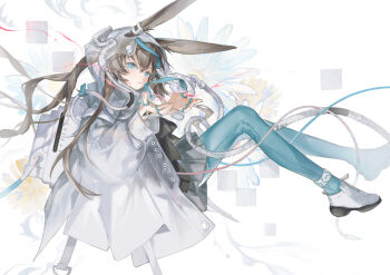 1girl absurdres adapted_costume amiya_(arknights) animal_ear_fluff animal_ears aqua_eyes aqua_pantyhose arknights backpack bag brown_hair cable chinese_commentary closed_mouth coat commentary_request ears_through_headwear expressionless floral_background foot_out_of_frame from_side gas_mask grey_skirt hair_between_eyes hands_up highres hood hooded_coat infection_monitor_(arknights) jewelry jixing long_hair long_sleeves looking_at_viewer mask material_growth multiple_rings open_hands oripathy_lesion_(arknights) pantyhose pleated_skirt puffy_long_sleeves puffy_sleeves rabbit_ears rabbit_girl respirator ring shoes skirt sneakers solo white_background white_coat white_shoes