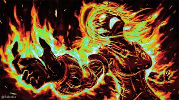 1girl baloolax breasts clenched_teeth collared_shirt commentary empty_eyes english_commentary fire from_side glowing glowing_eyes highres hololive hololive_english jacket long_hair long_sleeves looking_up medium_breasts multicolored_hair orange_hair outstretched_arms self-immolation shirt solo spread_arms spread_fingers takanashi_kiara teeth upper_body vest virtual_youtuber wing_collar