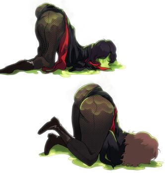 2girls 774_msk defeat dissolving fishnets kamen_rider melting multiple_girls shocker_(kamen_rider) slime_(substance) snuff top-down_bottom-up