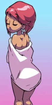 1girl animated animated_gif ass breasts butt_crack closed_eyes dark-skinned_female dark_skin earrings from_behind jewelry large_breasts looking_back nude original presenting presenting_ass red_hair short_hair sideboob simple_background solo speedoru towel undressing