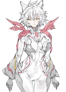 1girl alpha_(xenoblade) alternate_costume animal_ears black_gloves bodysuit breasts cat_ears cat_girl chest_jewel commentary core_crystal_(xenoblade) corruption dark_persona expressionless gem gloves highres looking_at_viewer monolith_soft na'el_(xenoblade) official_alternate_costume possessed possession red_gem short_hair spoilers ug333333 white_background white_hair xeno_(series) xenoblade_chronicles_(series) xenoblade_chronicles_3 xenoblade_chronicles_3:_future_redeemed yellow_eyes