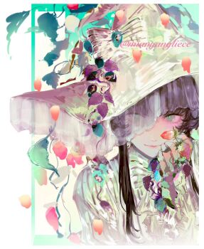 1girl blunt_bangs bow brown_hair closed_mouth food frilled_sleeves frills fruit fruit_hat_ornament green_eyes hat hat_bow hat_ornament highres holding holding_food holding_fruit leaf lips long_hair long_sleeves looking_at_viewer mole mole_under_mouth original shibahao_mianyang_lieche sidelocks smile solo strawberry strawberry_hat_ornament upper_body veil white_bow white_hat white_veil witch_hat