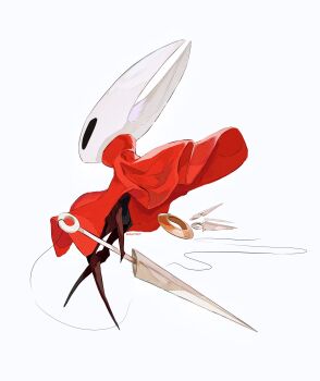 1girl artist_name ben-day_dots black_eyes chakram chinese_commentary cloak commentary_request film_grain from_side full_body highres hightguy holding holding_weapon hollow_knight hollow_knight:_silksong hornet_(hollow_knight) horns needle_(hollow_knight) red_cloak screentones solo thread weapon white_background