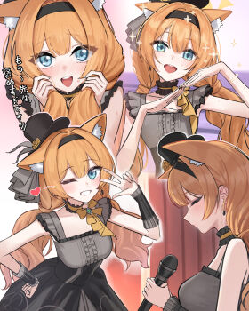 1girl :d ;d absurdres animal_ear_fluff animal_ears aoi_riko black_dress black_hat black_headband black_overskirt blue_archive blush cat_ears cat_girl center_frills choker commentary cowboy_shot dancing dress earrings embarrassed extra_ears eyes_visible_through_hair flower fluffy_hair frilled_choker frilled_dress frills grey_dress grin hair_between_eyes halo happy hat hat_flower headband heart highres holding holding_microphone holding_own_hair idol idol_clothes jewelry long_hair looking_at_viewer low_twintails mari_(blue_archive) mari_(idol)_(blue_archive) microphone mini_hat mini_top_hat multiple_views nose_blush official_alternate_costume official_alternate_hairstyle one_eye_closed open_mouth orange_hair profile rose smile sparkle sweat teeth top_hat translation_request twintails two-tone_dress upper_body upper_teeth_only v v_over_eye very_long_hair wink_heart wrist_wrap yellow_flower yellow_halo yellow_rose