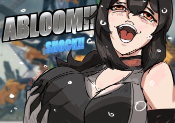 1girl :d absurdres black_hair breasts cinna_bon commentary english_commentary game_screenshot_background grabbing_own_breast grace_howard hair_between_eyes highres kakegurui large_breasts long_hair meme open_mouth orange_eyes screenshot_background single_bare_shoulder smile solo upper_body yumeko_grabbing_her_own_boob_(meme) zenless_zone_zero