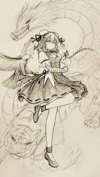 Rule 34 | 1girl, absurdres, bandaged arm, bandages, bird, breasts, bun cover, chain, chinese commentary, commentary request, cuffs, double bun, dragon, eagle, eastern dragon, flower, full body, greyscale, hair bun, highres, houso (touhou), ibaraki kasen, kanda (touhou), koutei (touhou), leg up, medium hair, monochrome, puffy short sleeves, puffy sleeves, ribbon-trimmed skirt, ribbon trim, rose, shackles, shirt, shoes, short sleeves, tabard, tiger, touhou, wu yu wanwan