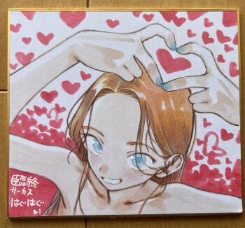 1girl absurdres bare_shoulders blonde_hair blue_eyes blush commentary_request haguhagu_(rinjuu_circus) heart heart_hands highres long_hair looking_at_viewer original photo_(medium) sasha_(haguhagu) shikishi smile solo traditional_media